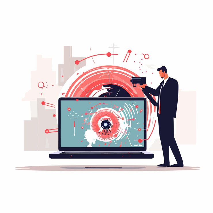 Vector man_receives_cyber_threats_standing_near_laptop