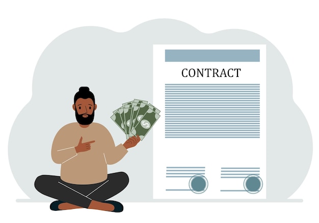 A man receives money for a deal Next to it is a large contract with seals The concept of a financial agreement signing a contract or a deal