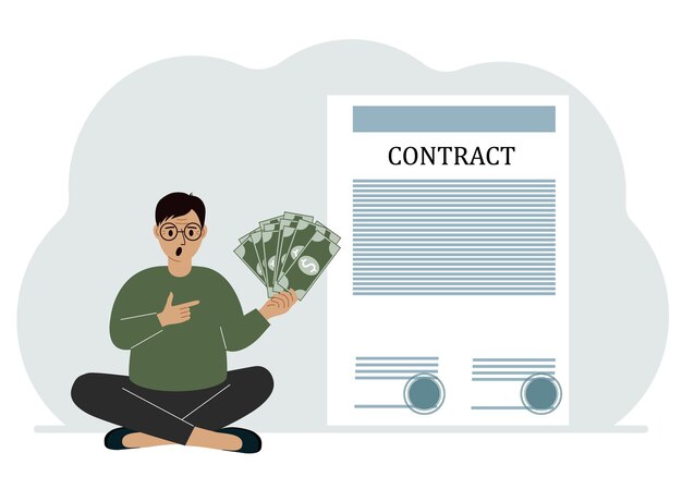 A man receives money for a deal Next to it is a large contract with seals The concept of a financial agreement signing a contract or a deal