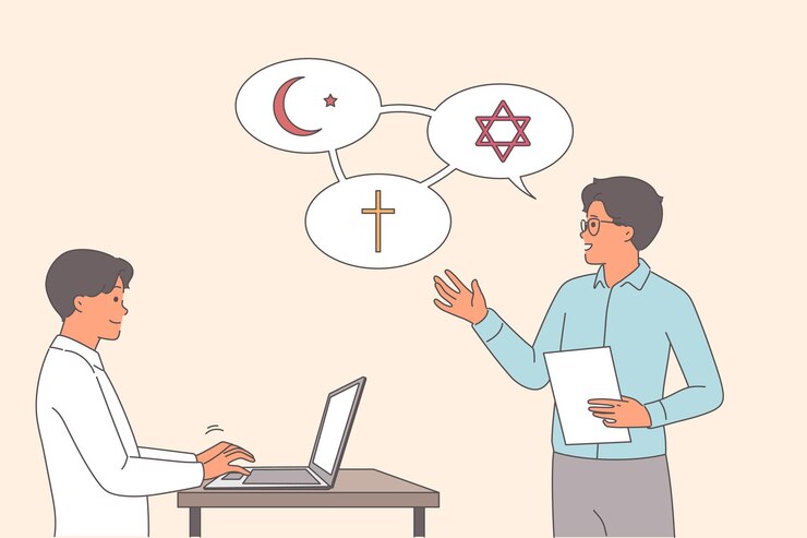 Vector 노트북 을 들고 책상 에 앉아 신학 교사 에게서 종교 교육 을 받는 사람