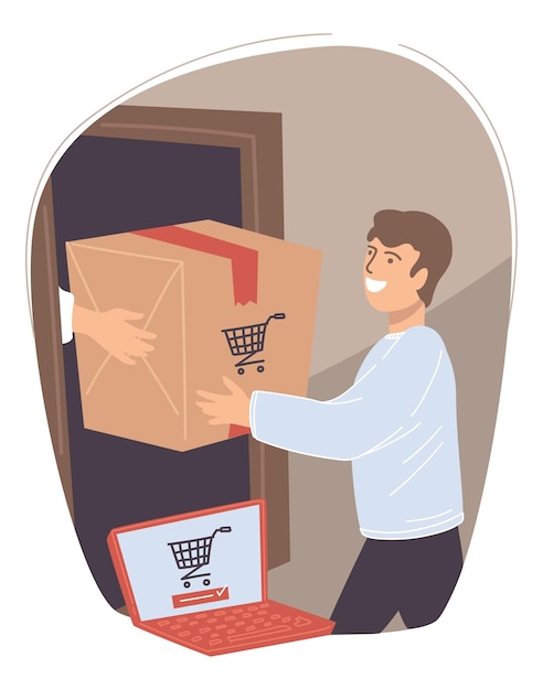 Man receiving order from online shop. Male character happy to get box with goods bought in internet. Personage with laptop showing trolley icon. Shipment and delivery of products. Vector in flat style