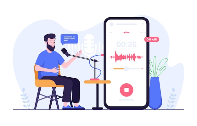 Вектор Мужчина записывает аудио подкаста через мобильный телефон