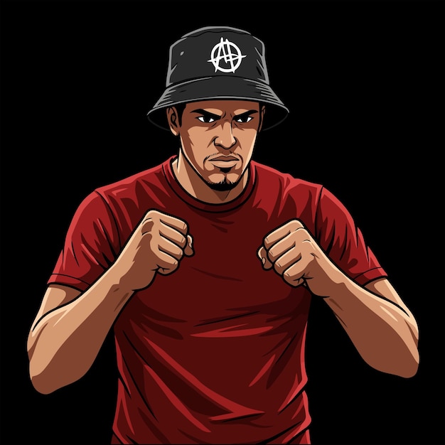 a man in a red shirt wearing a bucket hat