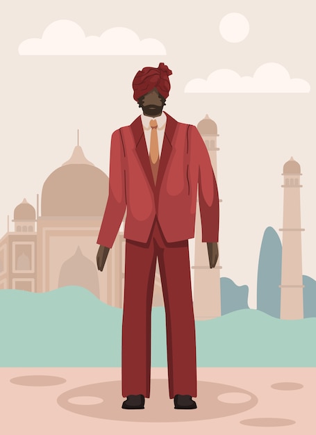 Vector man in red suit and turban on background taj mahal