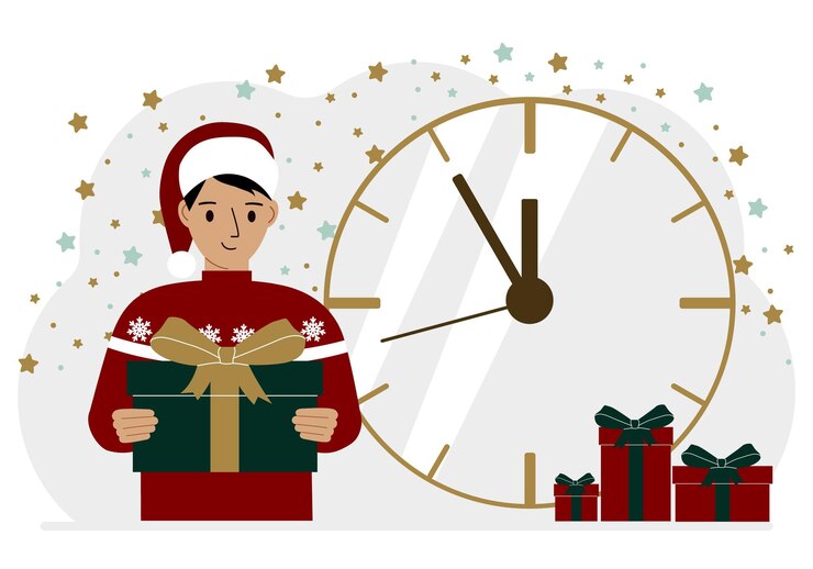 वेक्टर a man in a red sweater and a red cap with a large gift box 5 minutes before christmas or new year vector flat illustration