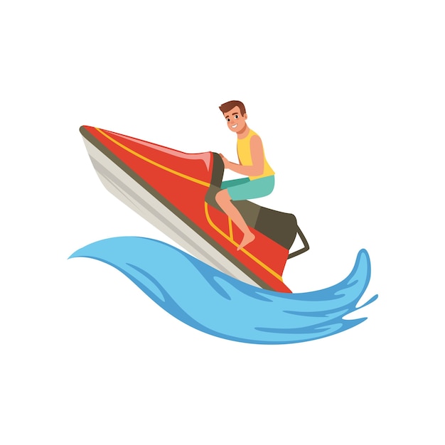 Man on a red water bike jumping over the waves extreme water sport activity vector Illustration on a white background