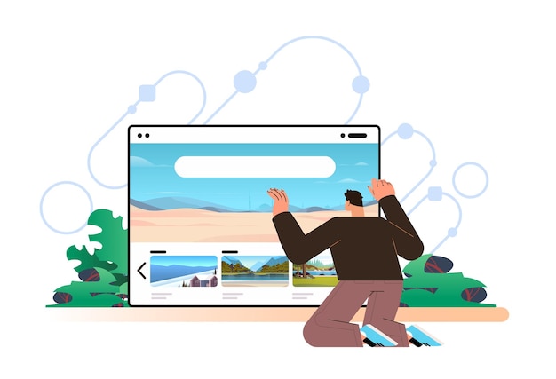 Man reiziger kiezen avontuurlijke activiteiten in computer app reizen reis gezonde levensstijl seizoensgebonden recreatie concept