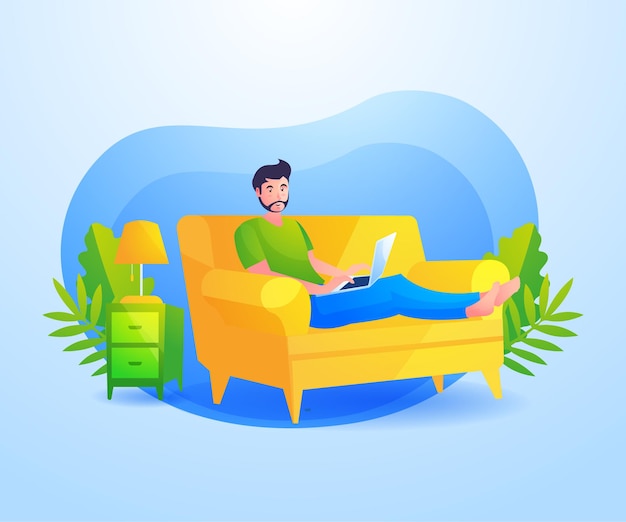 Man relax sitting on the sofa and working with laptop