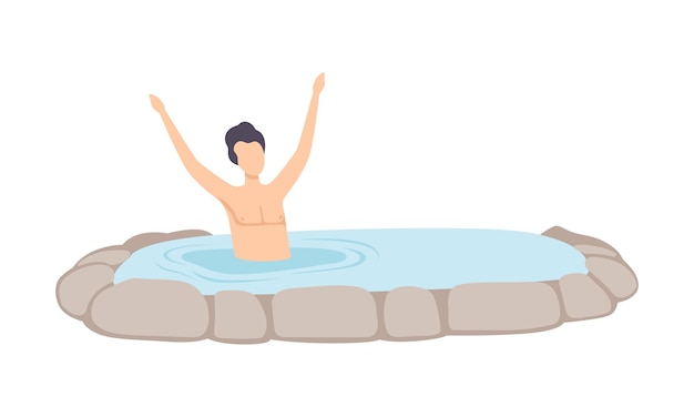 Man relaxing in outdoor thermal spring guy enjoying hot water in bath tub spa procedure vector Illustration isolated on a white background