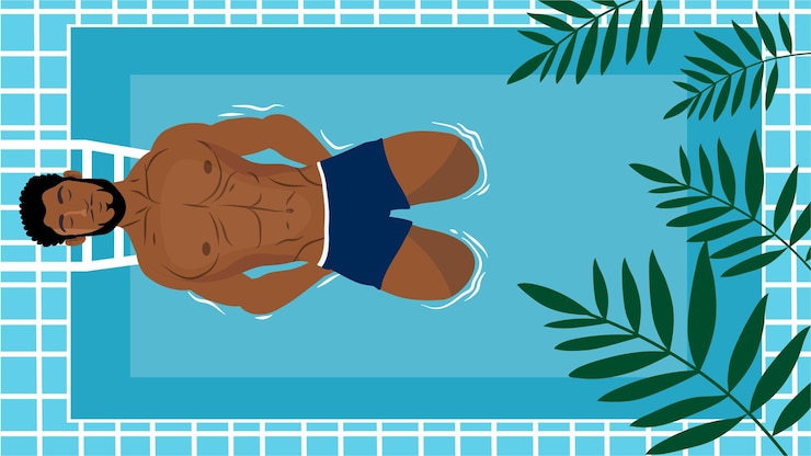 Vector man relaxing in pool with tropical leaves