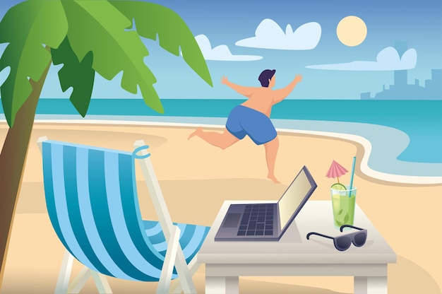 Man relaxing at seaside resort concept in flat cartoon design happy guy runs to ocean rests