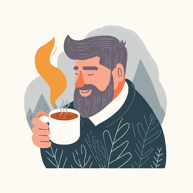 Un uomo che si rilassa seduto bevendo caffè aromatizzato caldo o tè concetto di hygge