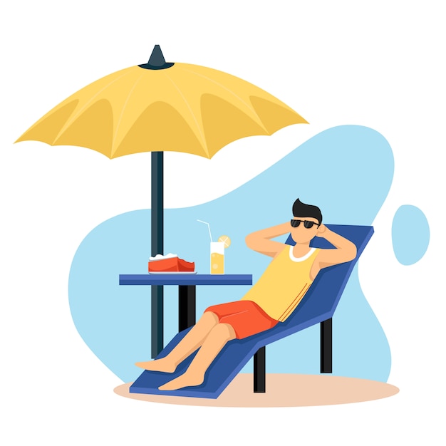 Man relaxing, sunbathing in a chaise longue under umbrella