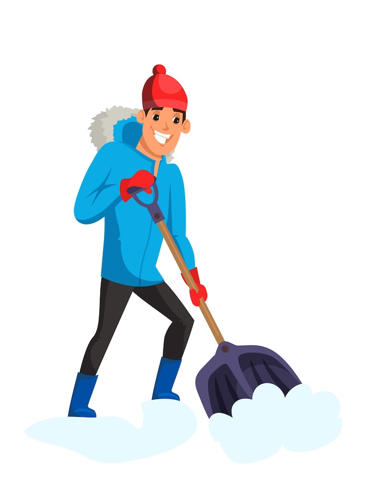 Vector man removing snow, male cartoon character with snow shovel isolated on white background.