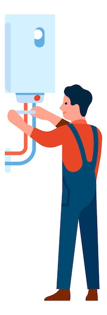 Man repair hot water pipes. Handyman fixing boiler