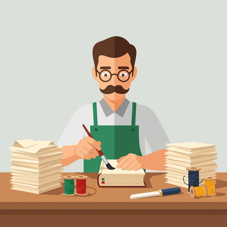 Vector man repairing book with brush and glue on wooden table