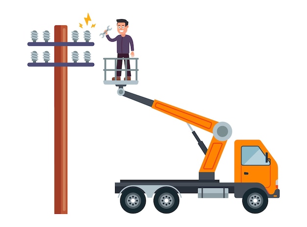 Vector man repairing an electric pole flat vector illustration