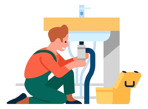 Vector man repairing sink. repairman fixing pipe problem. vector illustration