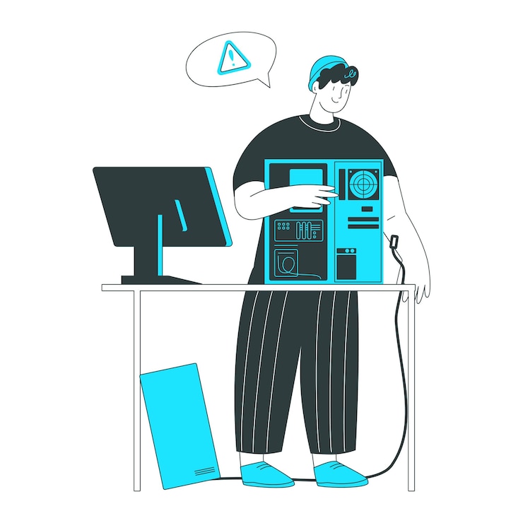 Vector man repairs his personal computer