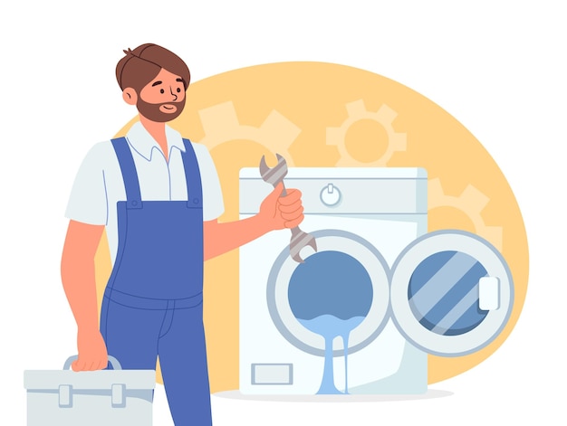 Man repairs washing machine vector concept