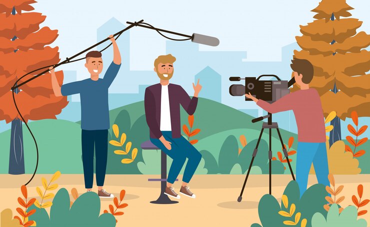 Vector man reporter and  camera men with camcorder and microphone