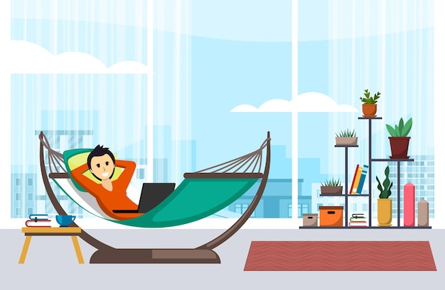 Man resting in apartment on hammock illustration. Male character lying comfortably and watching video laptop cozy home atmosphere with modern interior for relaxation. Vector cartoon leisure.