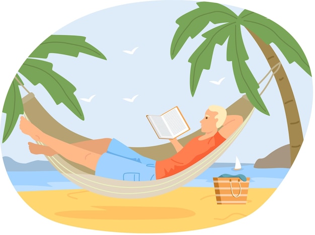 Man rests lies on hammock and reads studies book Leisure pastime at home or in vacation