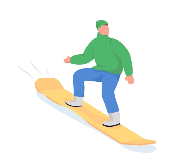 Vector man ride on snowboard semi flat color vector character. posing figure. full body person on white. winter fun sport isolated modern cartoon style illustration for graphic design and animation