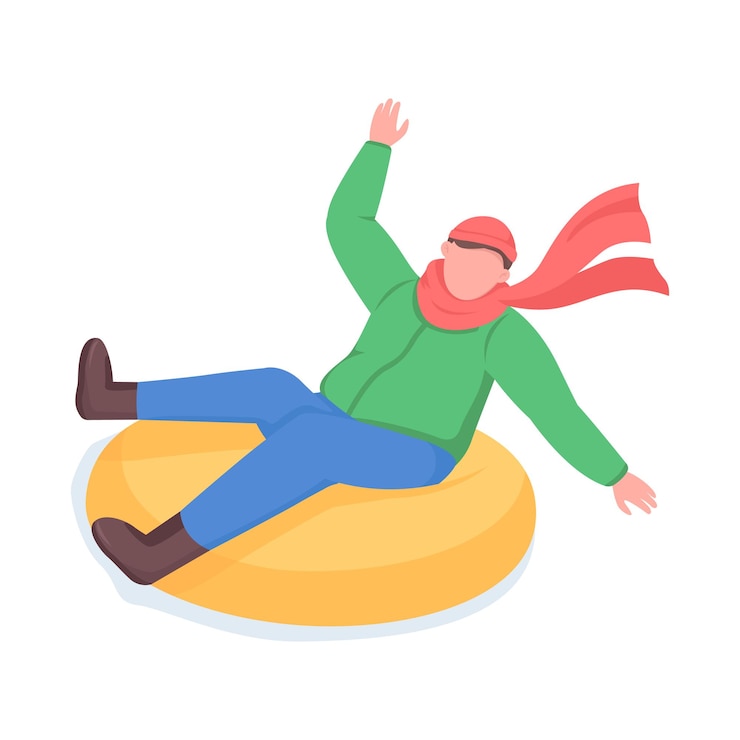 Vector man ride on tube sleigh semi flat color vector character. dynamic figure. full body person on white. winter activity isolated modern cartoon style illustration for graphic design and animation