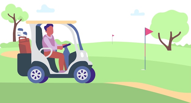 Man rides in cart across golf course with flags Player transportation by golfing field Summer luxury outdoor sport game Athletic hobby Male golfer driving electric car Vector concept