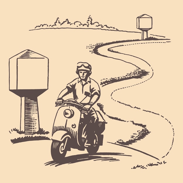 Человек на мотоцикле-скутере по дороге через сельскую местность с пиларами