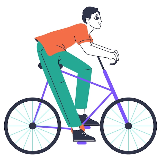 Man riding bicycle linear male on bike flat vector illustration on white background