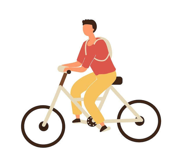 Man riding on bicycle vector male character in casual clothes and backpack on bike healthy leisure lifestyle and eco vehicle sports activity in park cartoon isolated illustration