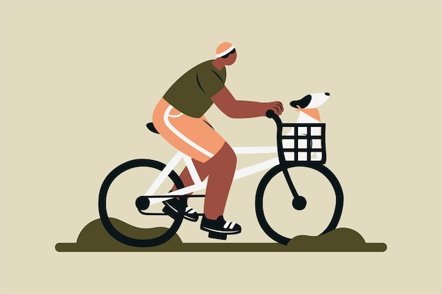 Vettore uomo in bicicletta con il cane nell'illustrazione vettoriale del cesto