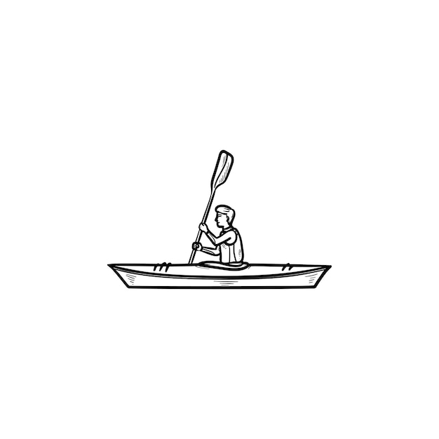 Man riding canoe hand drawn outline doodle icon. Water sport competition, kayaking, boating concept. Vector sketch illustration for print, web, mobile and infographics on white background.