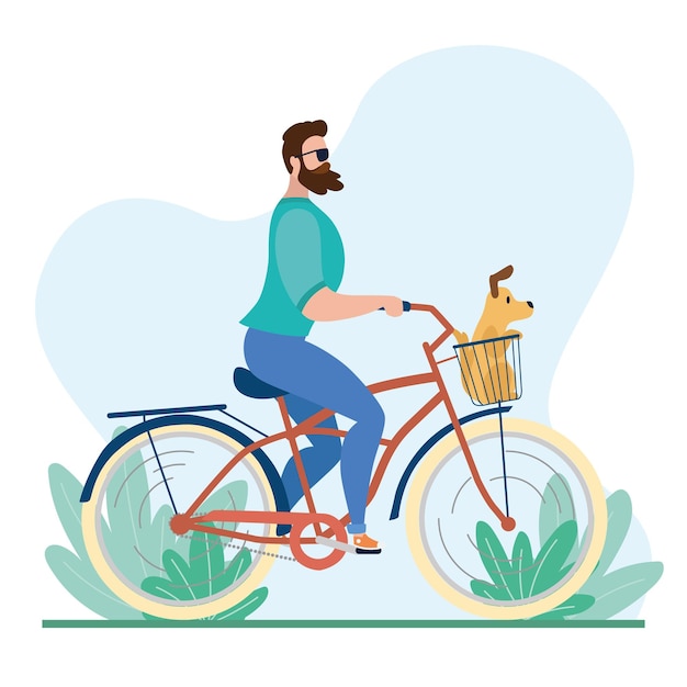 Vector man riding a classic bicycle with a dog in a basket vector illustration