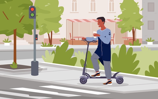 Vector man riding electric scooter standing on pedestrian crosswalk with traffic light