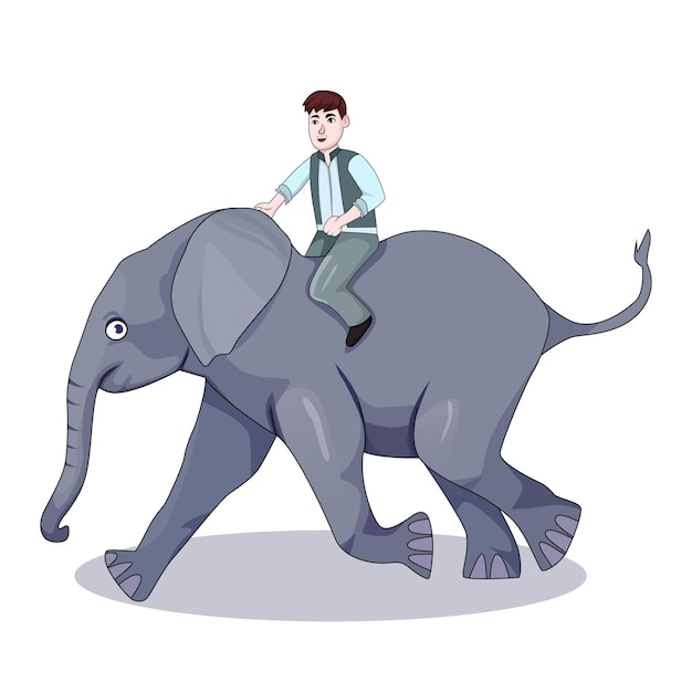 Vector man riding an elephant cartoon illustration white background