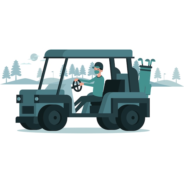 a man riding a golf cart illustration