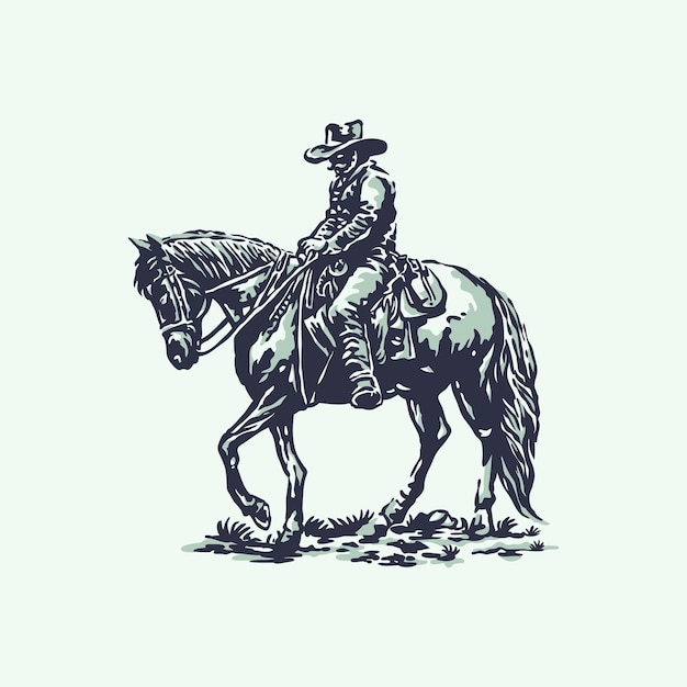 Vector a man riding a horse with a hat on his head with vintage style illustration