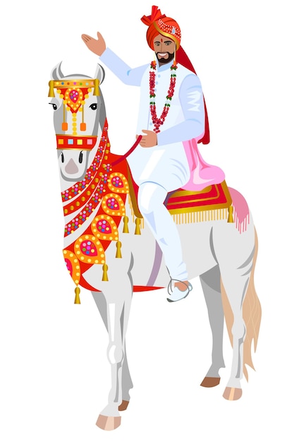 A man riding a horse with a red and yellow decoration on the back.