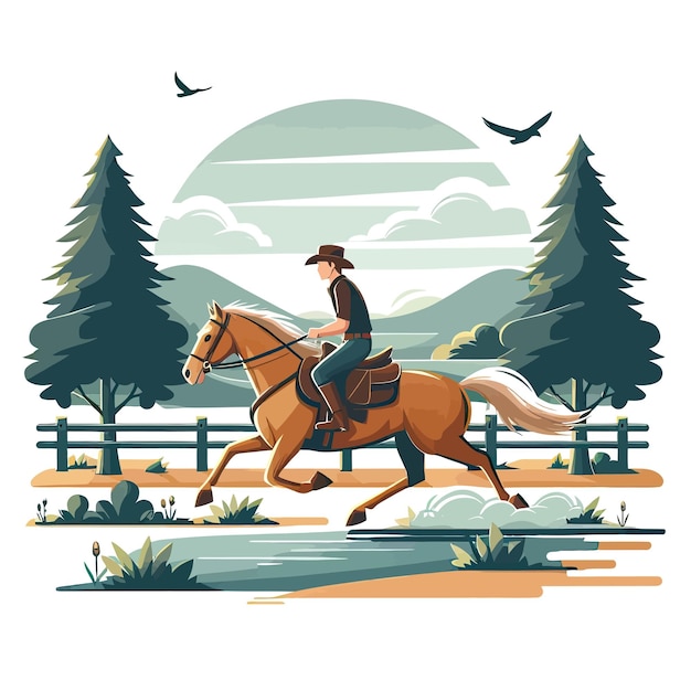 Vector a man riding a horse with a sun in the background