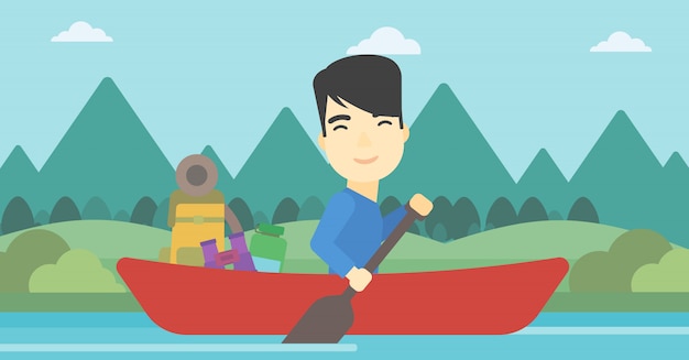 Man riding in kayak vector illustration.