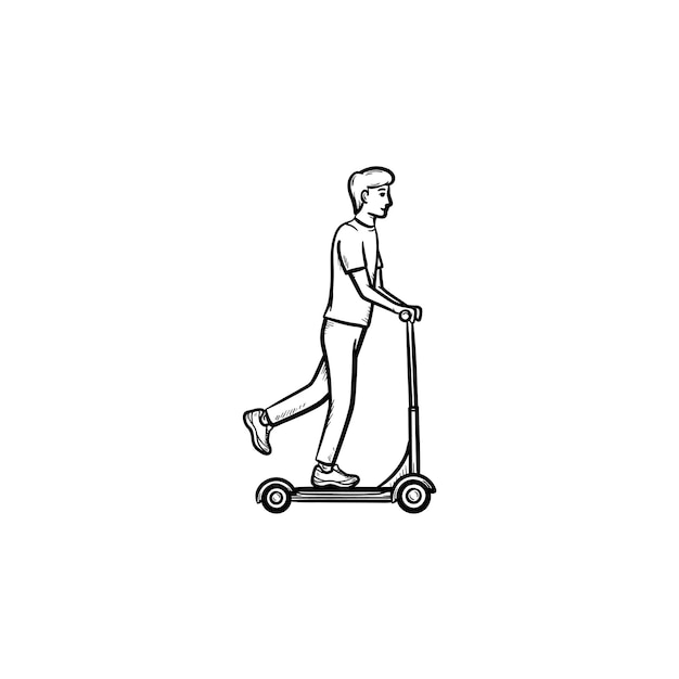 Man riding kick scooter hand drawn outline doodle icon. Outdoor sport, recreation and leisure activity concept. Vector sketch illustration for print, web, mobile and infographics on white background.