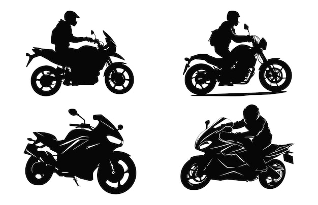 Человек, едущий на мотоцикле Силуэт черный вектор Сет Biker Silhouettes Clipart Bundle