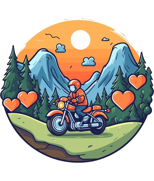 A man riding a motorcycle with hearts on the background of mountains and sun.