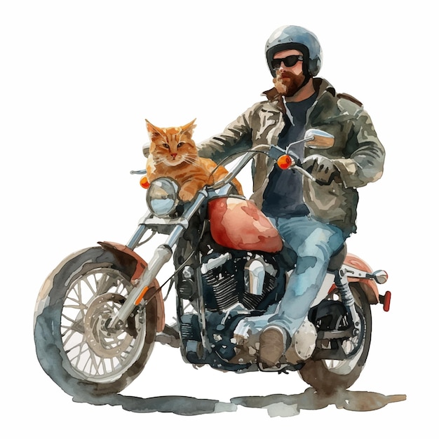 Мужчина едет на мотоцикле со своей кошкой в акварельных красках