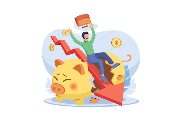 Vector a man riding a piggy bank with a graph and a red arrow going up