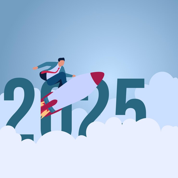 वेक्टर a man riding a rocket above the number 2025 illustration for new year goals new targets and new challenges