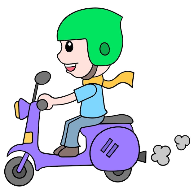 A man riding a safety vespa motorcycle wearing a helmet, vector illustration art. doodle icon image kawaii.